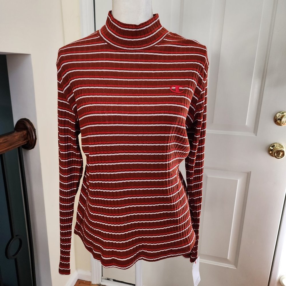 NWT Champion Women's Red Striped Ribbed Mock Neck Pullover Sweater Size XL